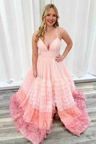 Pink Tiered Spaghetti Straps Tulle A Line Long Prom Dress