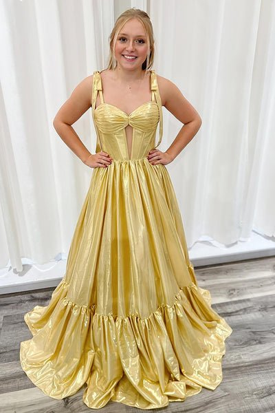 Gold Metallic Keyhole Spaghetti Straps Long Prom Dress
