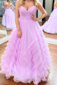 Lilac A Line Tiered Sweetheart Long Prom Dress with Tulle