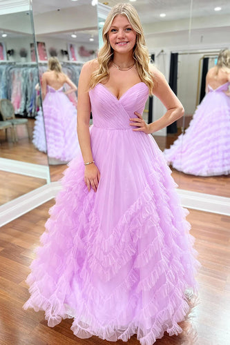 Lilac A Line Tiered Sweetheart Long Prom Dress with Tulle