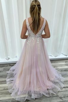 Appliqued Pink V Neck Long Prom Dress with Tulle