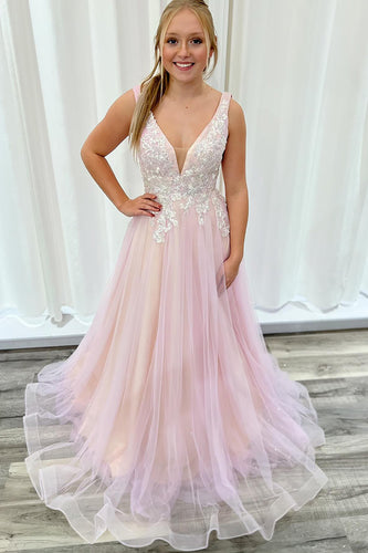 Appliqued Pink V Neck Long Prom Dress with Tulle