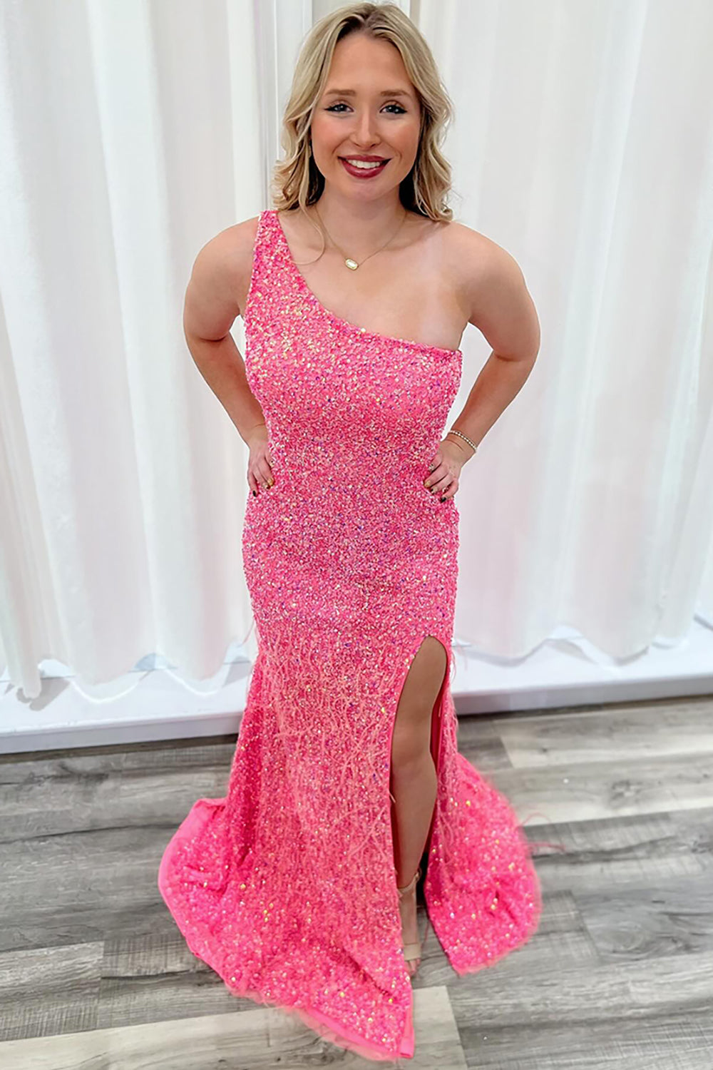 Pink Sequin One Shoulder Long Prom Dress with Slit