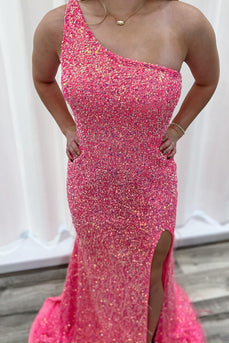 Pink Sequin One Shoulder Long Prom Dress with Slit
