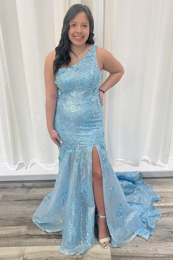 Blue Sparkly One Shoulder Mermaid Long Prom Dress with Slit