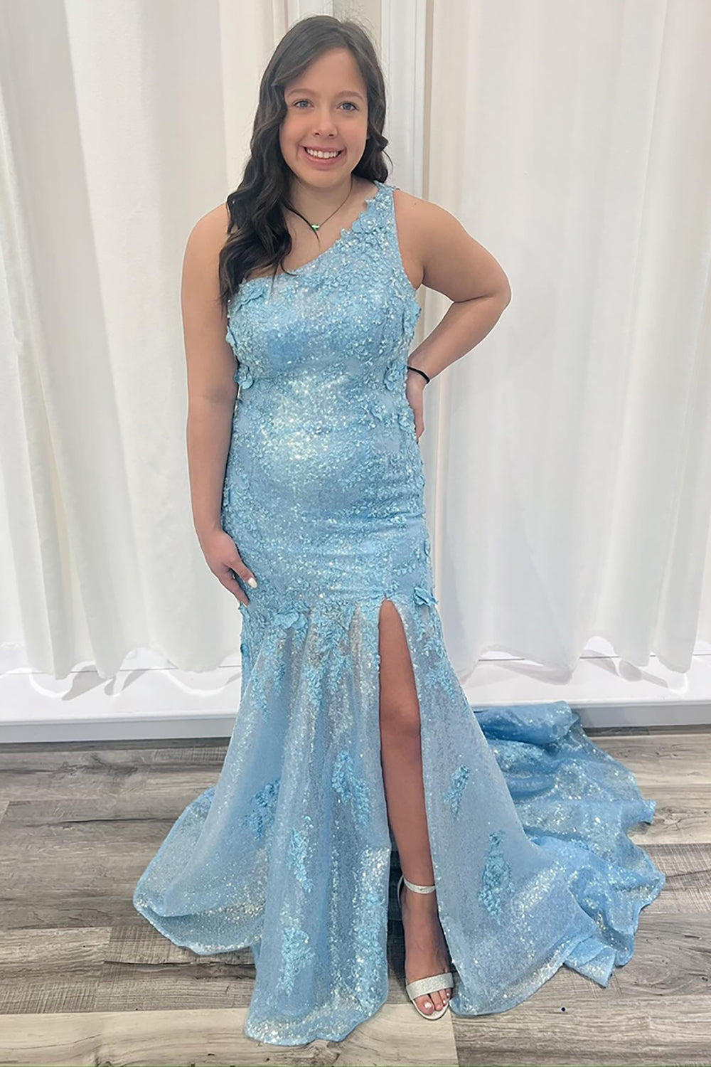 Blue Sparkly One Shoulder Mermaid Long Prom Dress with Slit