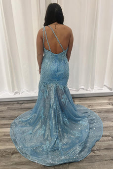 Blue Sparkly One Shoulder Mermaid Long Prom Dress with Slit