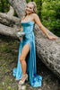 Load image into Gallery viewer, Blue Satin Corset A Line Long Prom Dress with Slit