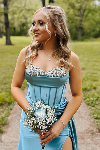 Blue Satin Corset A Line Long Prom Dress with Slit
