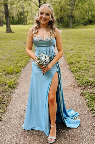 Blue Satin Corset A Line Long Prom Dress with Slit
