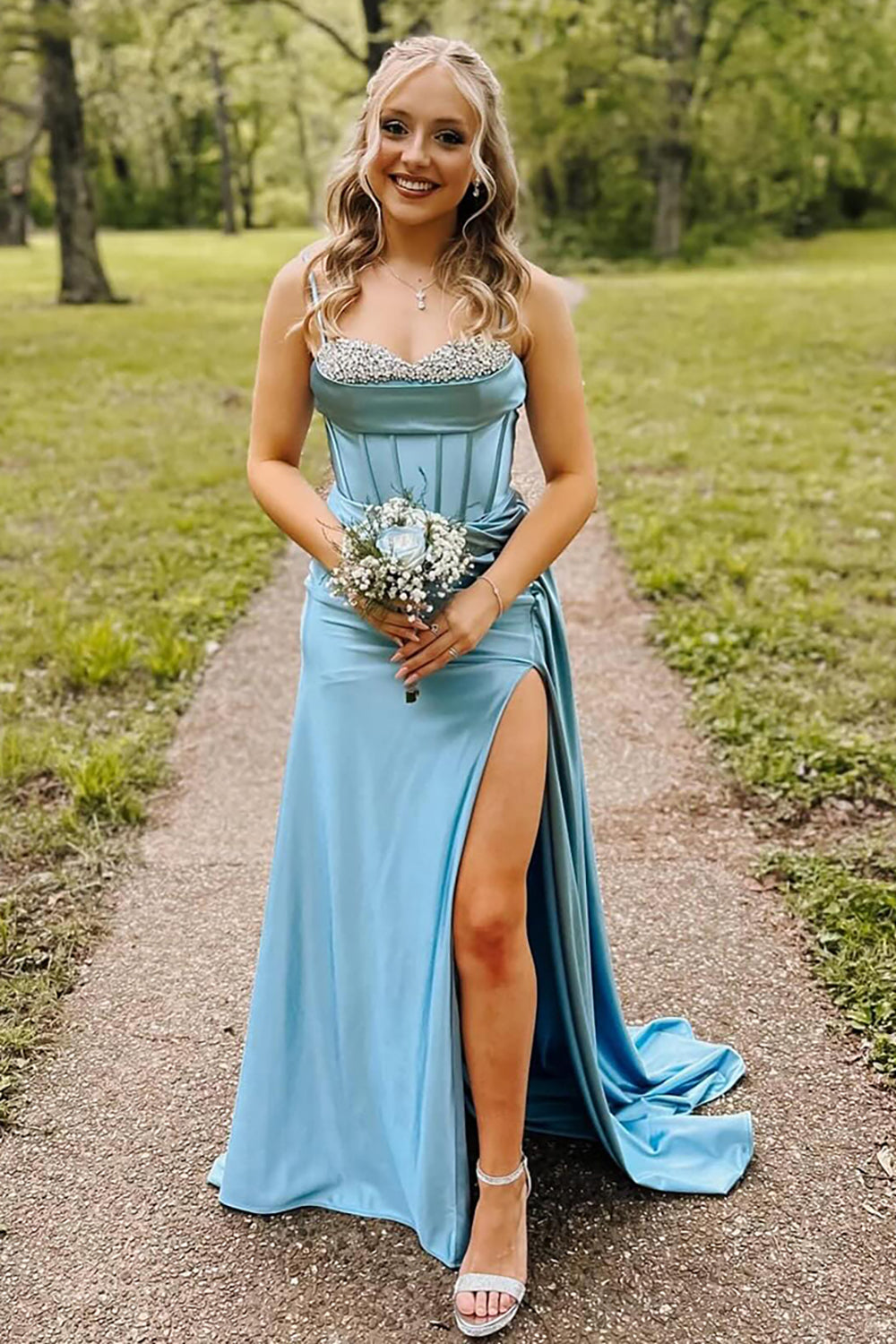 Blue Satin Corset A Line Long Prom Dress with Slit