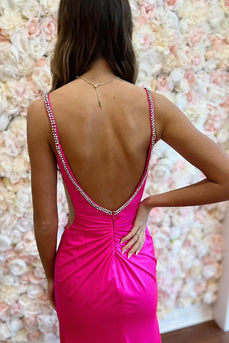 Fuchsia Satin Spaghetti Straps Long Prom Dress with Beading