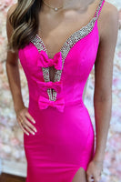 Load image into Gallery viewer, Fuchsia Satin Spaghetti Straps Long Prom Dress with Beading