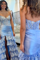 Load image into Gallery viewer, Red Corset Mermaid Ruffled Long Prom Dress with Appliques