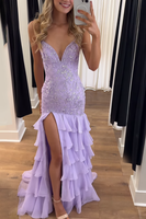 Load image into Gallery viewer, Sparkly Lilac Appliques Tiered Maxi Chiffon Prom Dress with Slit