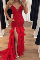 Load image into Gallery viewer, Sparkly Lilac Appliques Tiered Maxi Chiffon Prom Dress with Slit