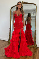 Load image into Gallery viewer, Sparkly Lilac Appliques Tiered Maxi Chiffon Prom Dress with Slit