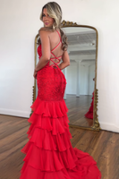 Load image into Gallery viewer, Sparkly Lilac Appliques Tiered Maxi Chiffon Prom Dress with Slit