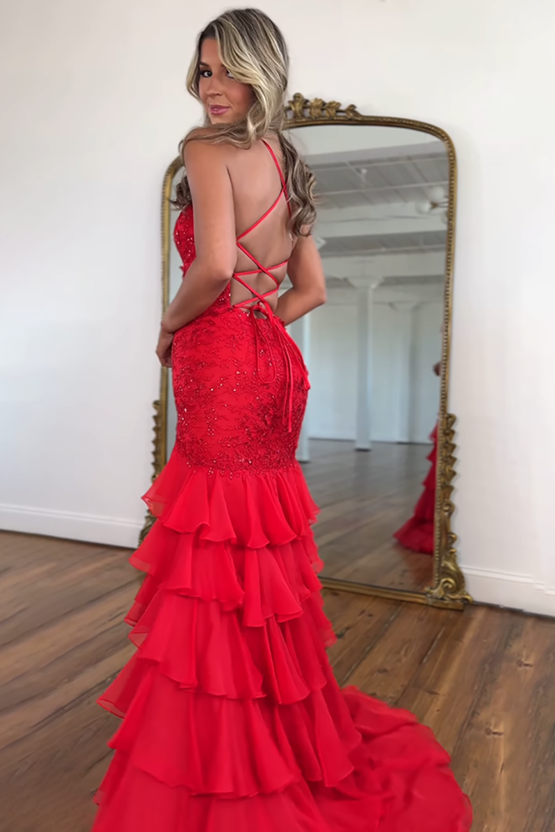 Load image into Gallery viewer, Sparkly Lilac Appliques Tiered Maxi Chiffon Prom Dress with Slit