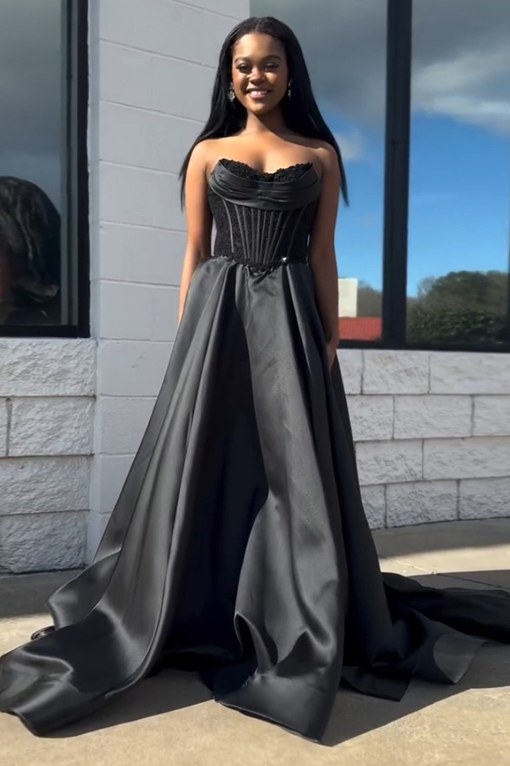 Princess Black Satin Corset Sweetheart A Line Long Prom Dress with Slit