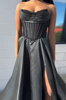 Load image into Gallery viewer, Princess Black Satin Corset Sweetheart A Line Long Prom Dress with Slit