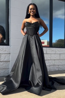 Princess Black Satin Corset Sweetheart A Line Long Prom Dress with Slit