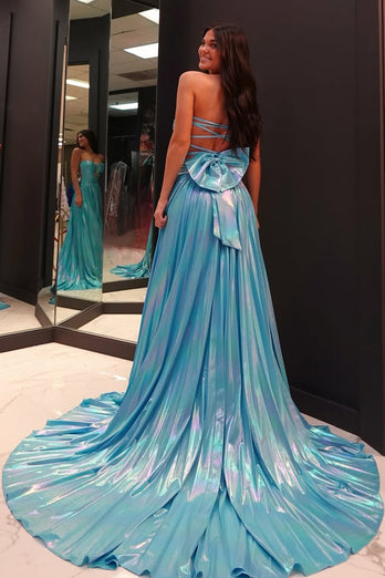 Blue Metallic A Line Corset Pleated Long Prom Dress with Slit