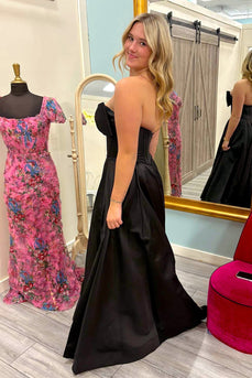Princess Black Satin Strapless A Line Long Prom Dress with Slit