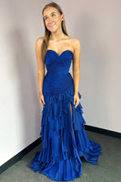Load image into Gallery viewer, Peacock Blue Satin Pleated Sheath Long Prom Dress with Ruffles