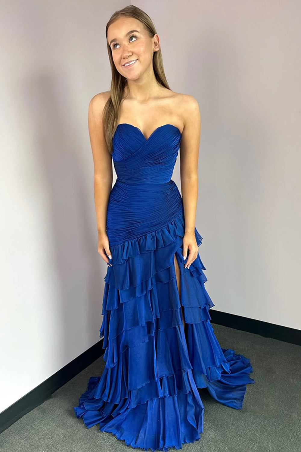 Peacock Blue Satin Pleated Sheath Long Prom Dress with Ruffles