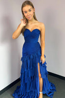 Load image into Gallery viewer, Peacock Blue Satin Pleated Sheath Long Prom Dress with Ruffles
