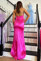 Load image into Gallery viewer, Fuchsia Satin Halter Mermaid Long Prom Dress with Flowers