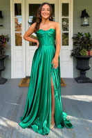 Load image into Gallery viewer, Princess Dark Green Satin Corset Ruched A Line Long Prom Dress with Slit
