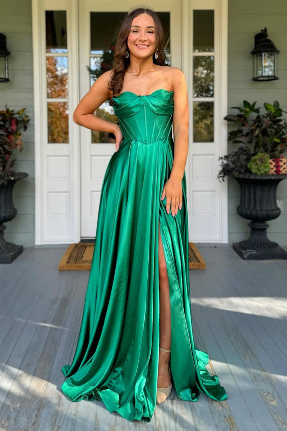 Princess Dark Green Satin Corset Ruched A Line Long Prom Dress with Slit