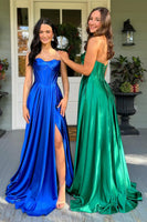 Load image into Gallery viewer, Princess Dark Green Satin Corset Ruched A Line Long Prom Dress with Slit