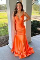 Load image into Gallery viewer, Orange Satin Backless Mermaid Long Prom Dress