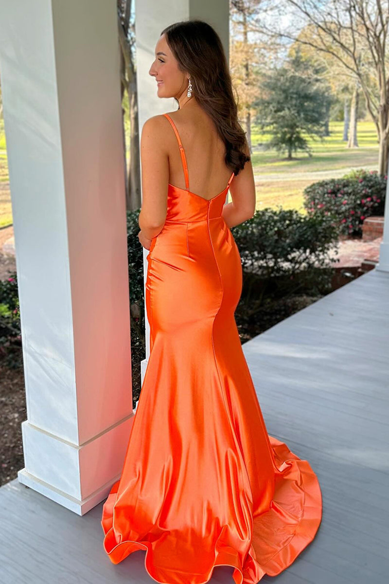 Load image into Gallery viewer, Orange Satin Backless Mermaid Long Prom Dress