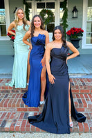 Load image into Gallery viewer, Black Satin Mermaid Asymmetrical Long Prom Dress with Slit