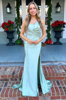 Load image into Gallery viewer, Black Satin Mermaid Asymmetrical Long Prom Dress with Slit