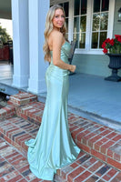 Load image into Gallery viewer, Black Satin Mermaid Asymmetrical Long Prom Dress with Slit
