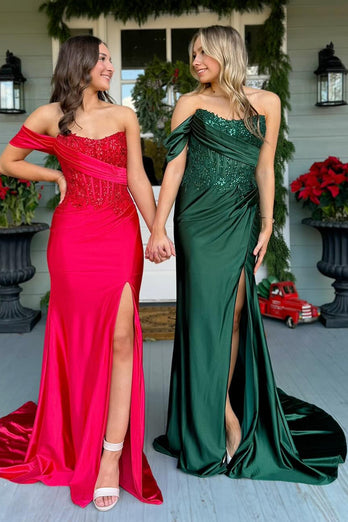 Sparkly Dark Green Corset Mermaid Long Prom Dress with Slit