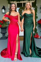 Load image into Gallery viewer, Sparkly Dark Green Corset Mermaid Long Prom Dress with Slit