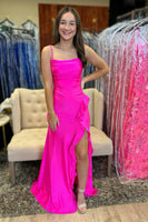 Load image into Gallery viewer, Fuchsia Satin Spaghetti Straps Mermaid Long Prom Dress with Slit