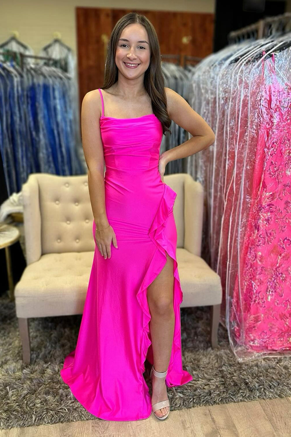 Fuchsia Satin Spaghetti Straps Mermaid Long Prom Dress with Slit