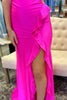 Load image into Gallery viewer, Fuchsia Satin Spaghetti Straps Mermaid Long Prom Dress with Slit