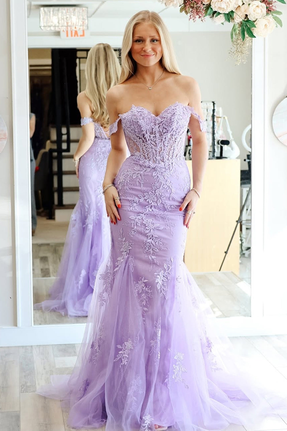 Lilac Tulle Mermaid Off the Shoulder Long Prom Dress with Appliques