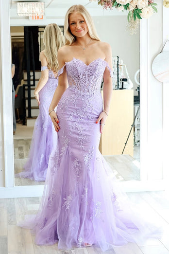 Lilac Tulle Mermaid Off the Shoulder Long Prom Dress with Appliques
