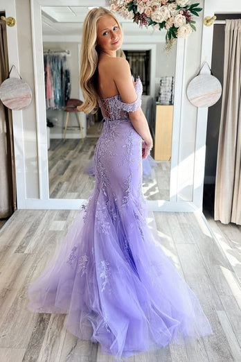 Lilac Tulle Mermaid Off the Shoulder Long Prom Dress with Appliques