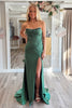 Load image into Gallery viewer, Sparkly Dark Green Corset Ruched Beaded Mermaid Long Prom Dress with Slit