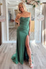 Load image into Gallery viewer, Sparkly Dark Green Corset Ruched Beaded Mermaid Long Prom Dress with Slit